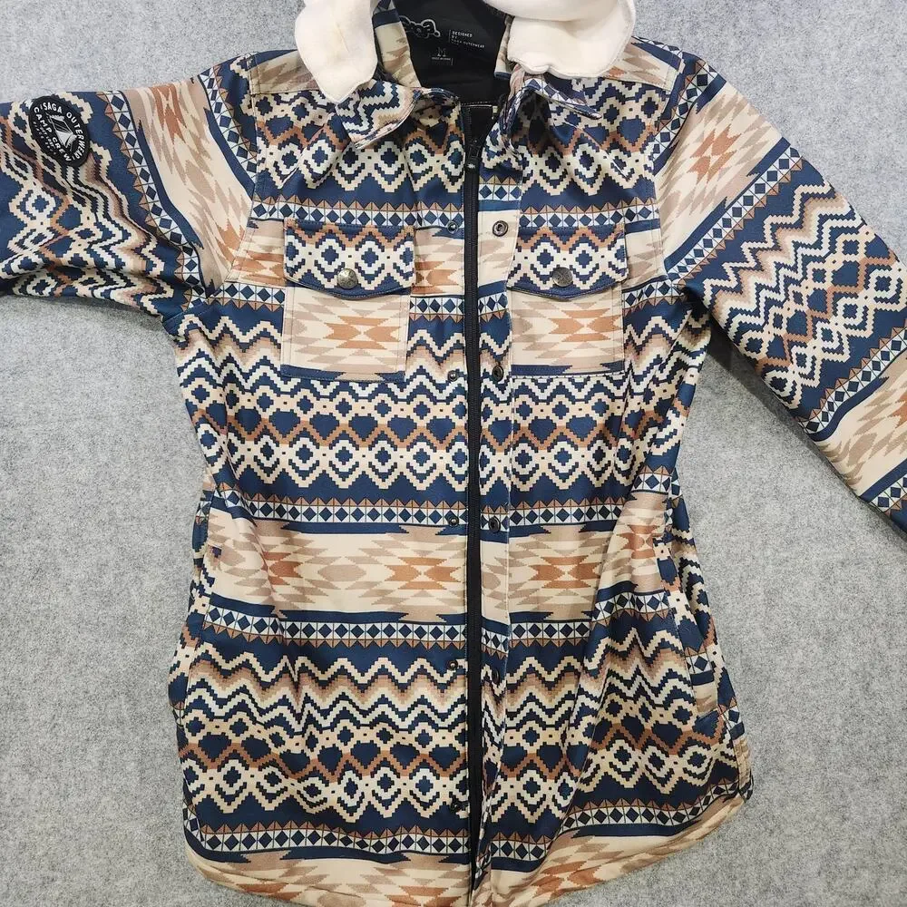 Saga Outerwear Jacket Mens Medium Aztec‎ Print Hooded Snowboard Ski Tan Navy